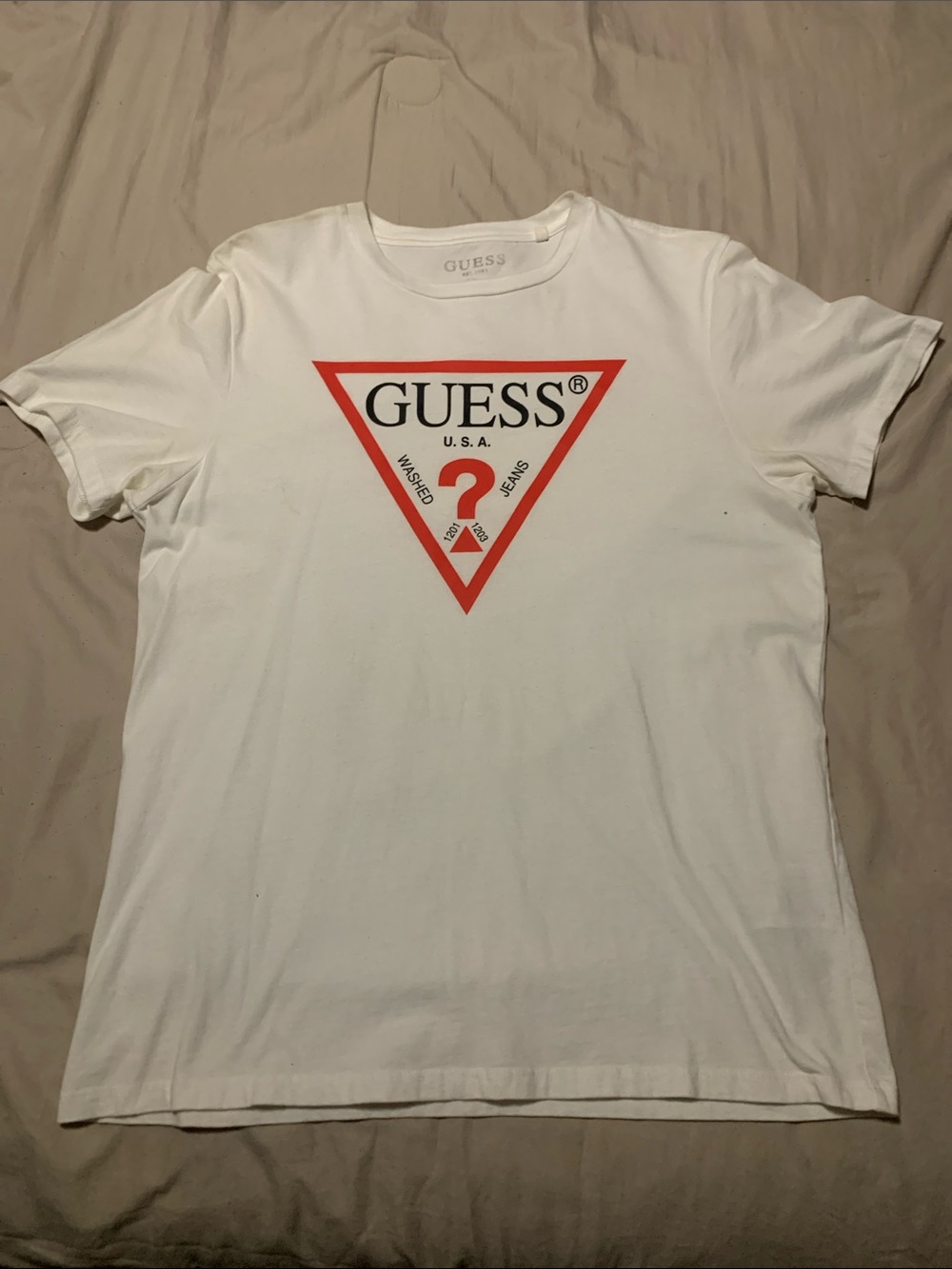 GUESS White Short Sleeve Tee with Red Triangle Logo